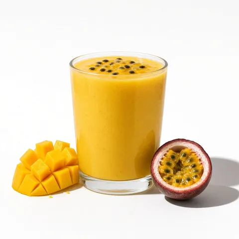 A mango passion fruit smoothie in a short glass