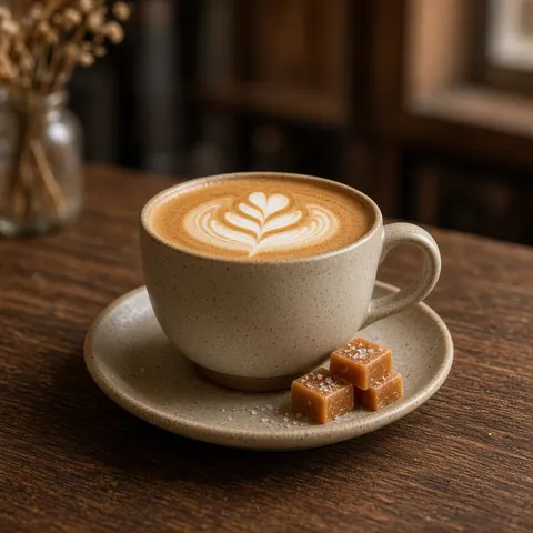 A salted caramel latte with latte art in a ceramic cup