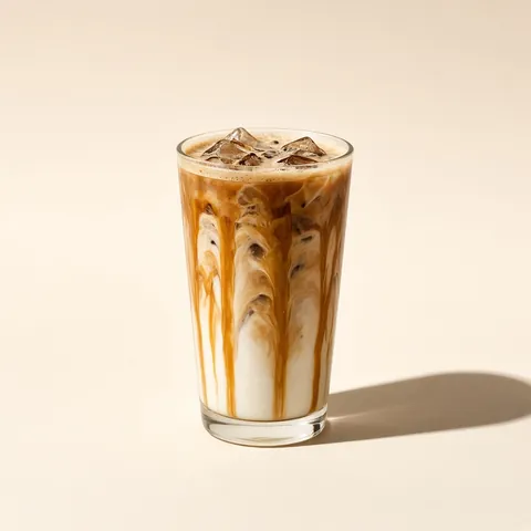 An iced salted caramel latte with caramel drizzle on the glass
