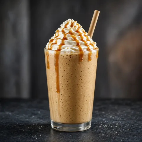 A caramel frappe topped with whipped cream and caramel sauce