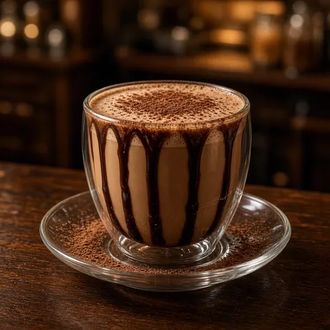 A hot mocha with chocolate drizzle in a glass cup