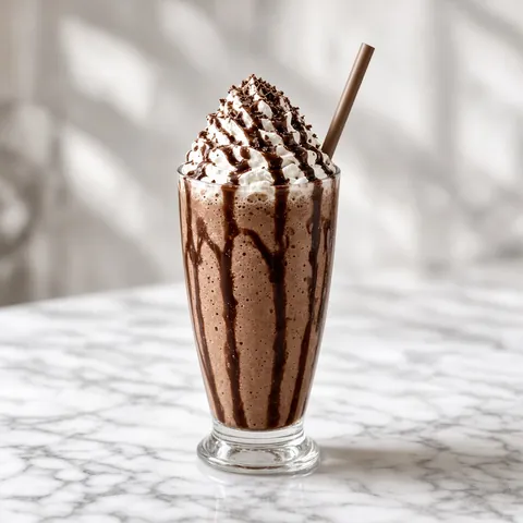 A chocolate frappe with whipped cream and chocolate sauce
