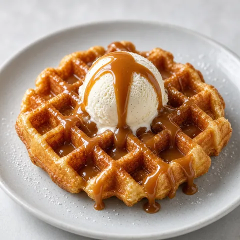 A waffle with vanilla ice cream and caramel sauce