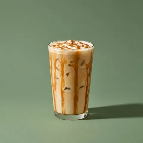 An iced caramel latte with caramel sauce lining the glass
