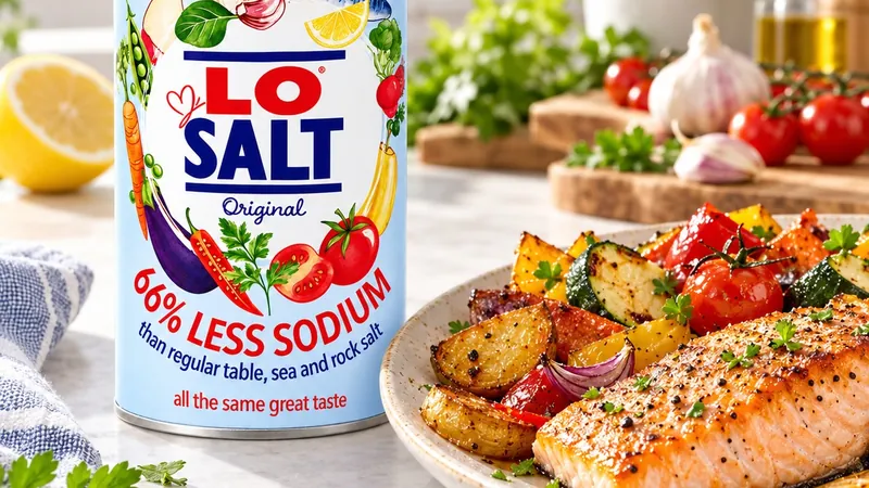 Lo Salt Original canister beside grilled salmon and vegetables in a bright kitchen