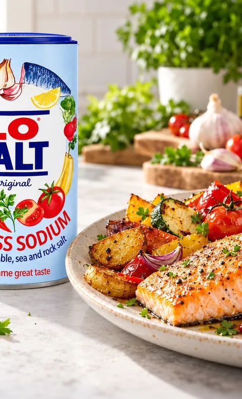 Lo Salt canister beside grilled salmon and roasted vegetables