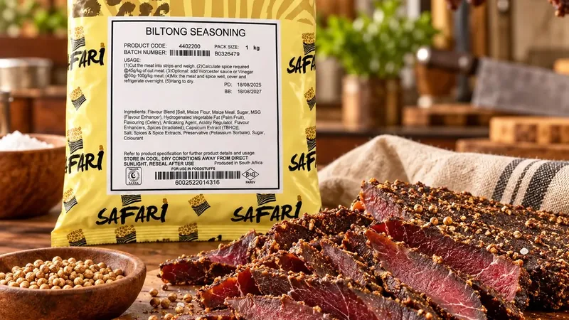 Safari Biltong Seasoning 1kg pack beside sliced coriander-crusted biltong on a wooden board