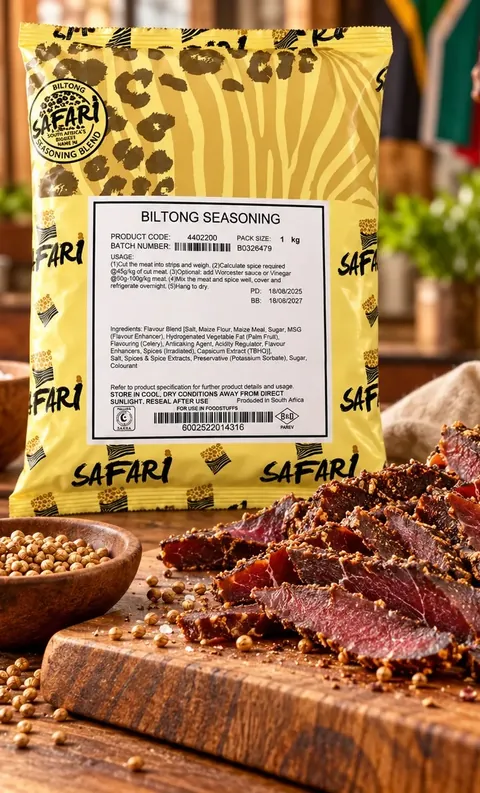 Sliced coriander-crusted biltong on a board beside Safari seasoning
