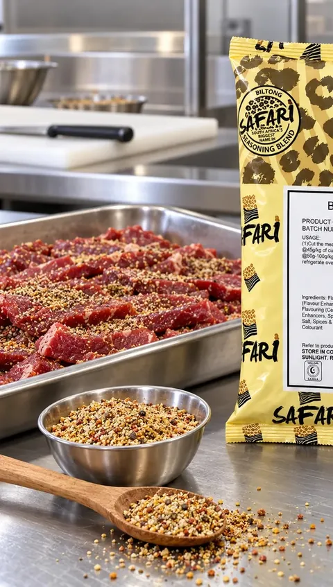 Beef strips coated in Safari biltong seasoning on a prep tray