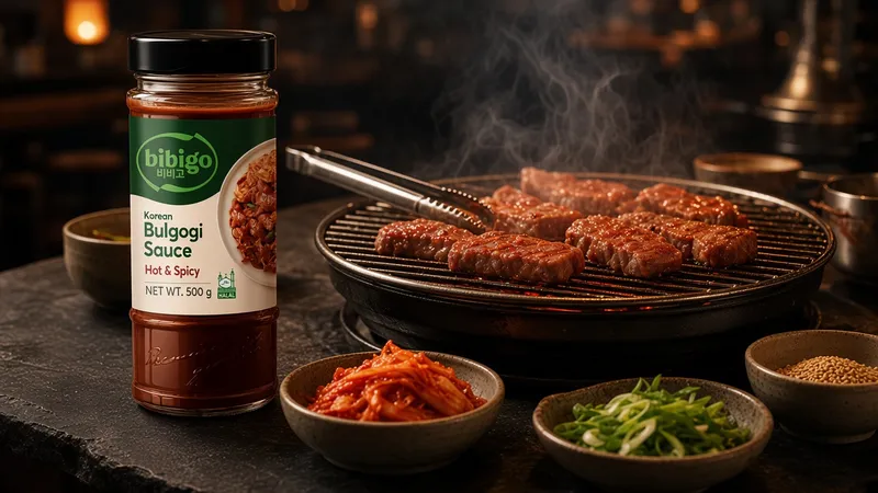Spicy bulgogi beef on a tabletop charcoal grill beside a 500 g jar of Bibigo Bulgogi Sauce Hot & Spicy