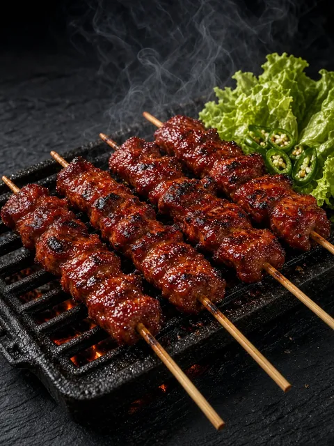 Spicy glazed meat skewers on a cast-iron grill with lettuce and green chilli