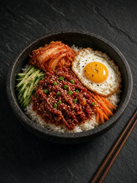 Korean rice bowl with spicy bulgogi beef, fried egg, kimchi, cucumber and carrot
