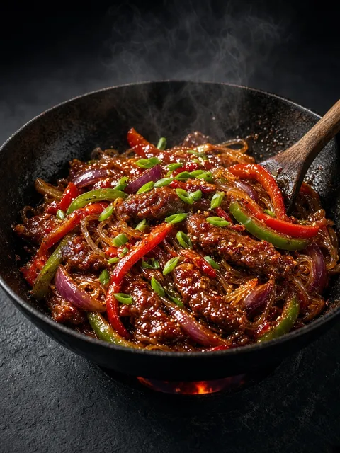 Spicy beef stir-fry with peppers and glass noodles in a black wok