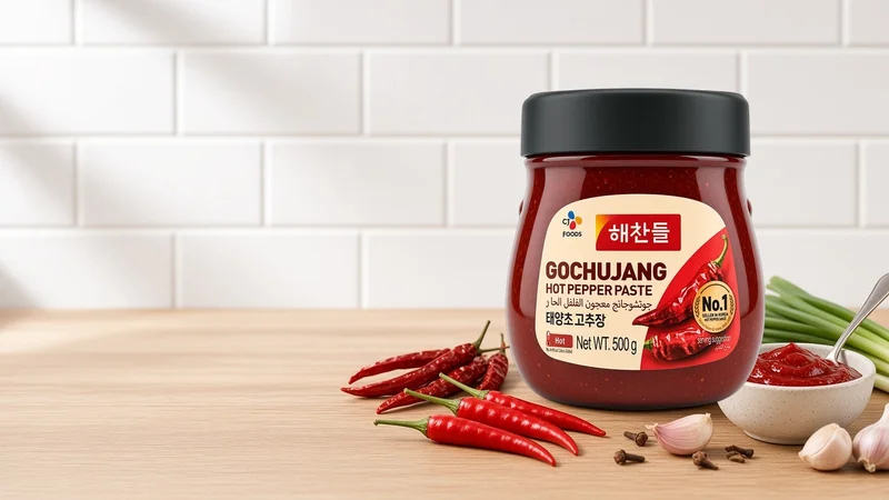 A 500 g jar of CJ Haechandle Gochujang on a bright kitchen counter with dried and fresh red chillies, garlic, spring onion and a bowl of red pepper paste
