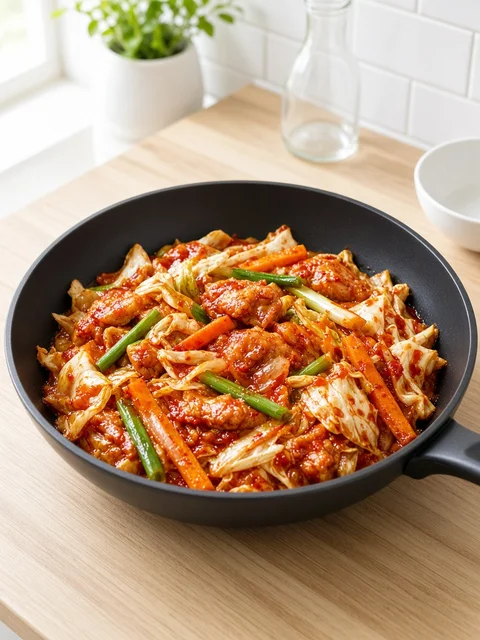 Spicy chicken and cabbage stir-fry in red gochujang sauce in a black skillet