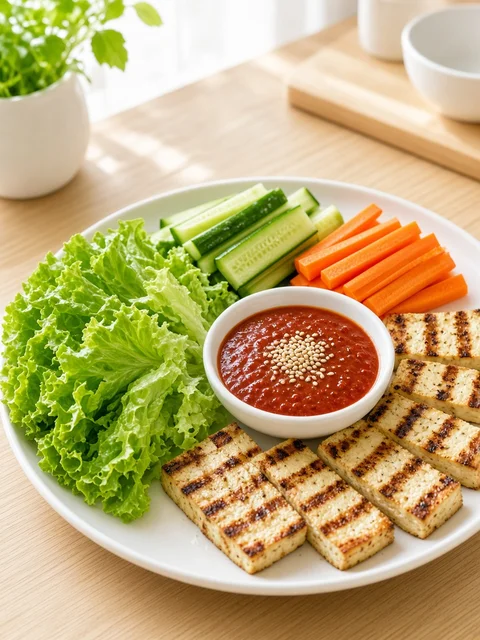 Red gochujang dipping sauce with sesame beside lettuce, cucumber, carrot and grilled tofu