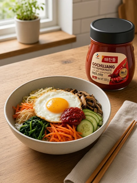 Bibimbap with vegetables, fried egg and a dollop of red gochujang in a white bowl