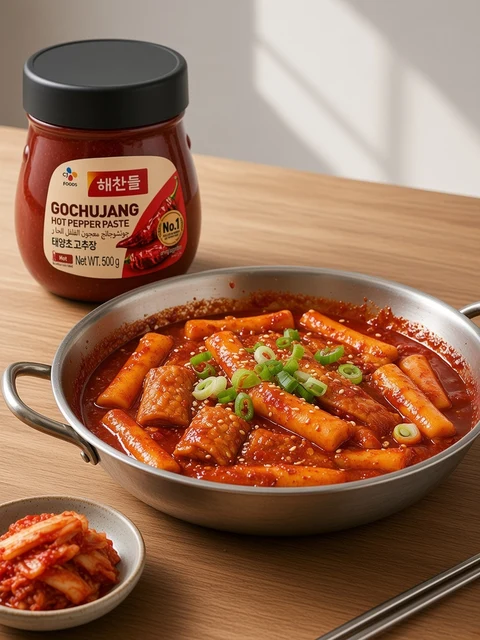 Tteokbokki rice cakes in glossy red gochujang sauce with spring onion and sesame