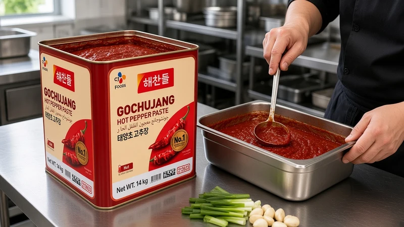 CJ Haechandle Gochujang 14 kg tin on a stainless steel prep counter beside a hotel pan of gochujang marinade