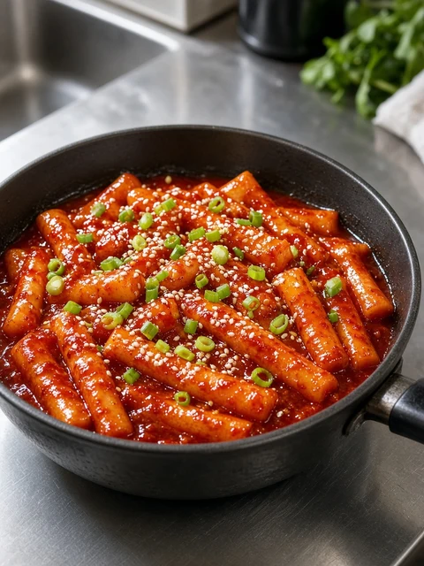 Tteokbokki rice cakes in red gochujang sauce in a pan