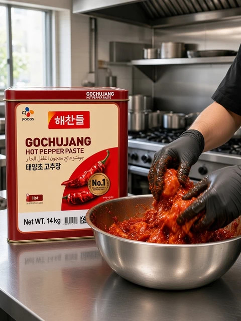 CJ Haechandle Gochujang 14 kg tin beside a steel bowl of chicken in gochujang marinade