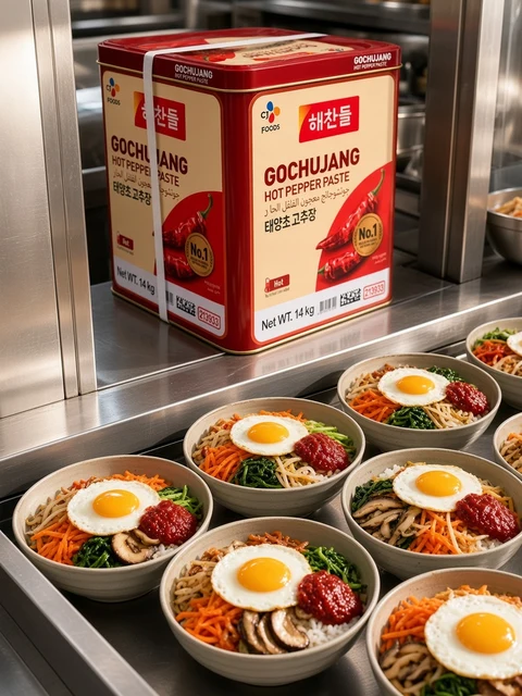 Bibimbap bowls with gochujang at a kitchen pass with the CJ Haechandle Gochujang tin