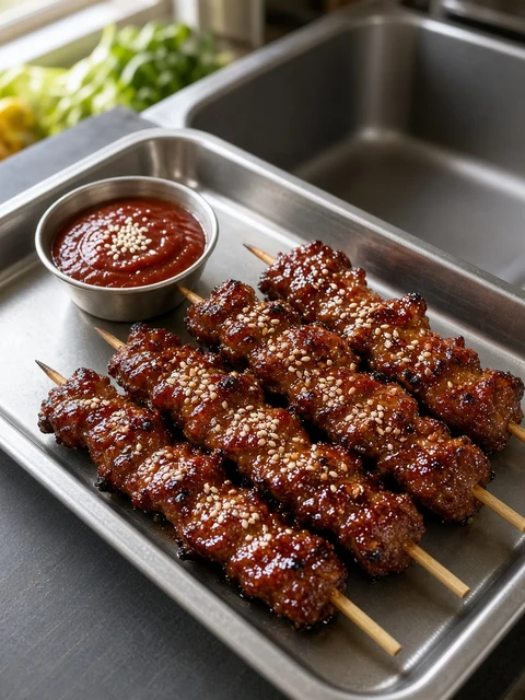 Gochujang-glazed skewers with a ramekin of gochujang dip on a steel tray