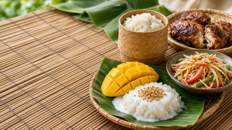 Mango sticky rice, a bamboo basket of steamed sticky rice, grilled chicken and som tam on a bamboo mat