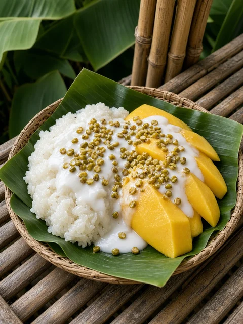 Mango sticky rice on a banana leaf with coconut cream and mung beans