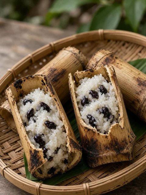 Khao lam sticky rice in split bamboo tubes on a bamboo tray