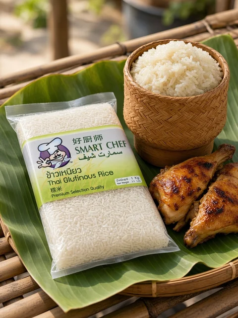 Smart Chef Thai Glutinous Rice pack beside a bamboo basket of sticky rice and grilled chicken
