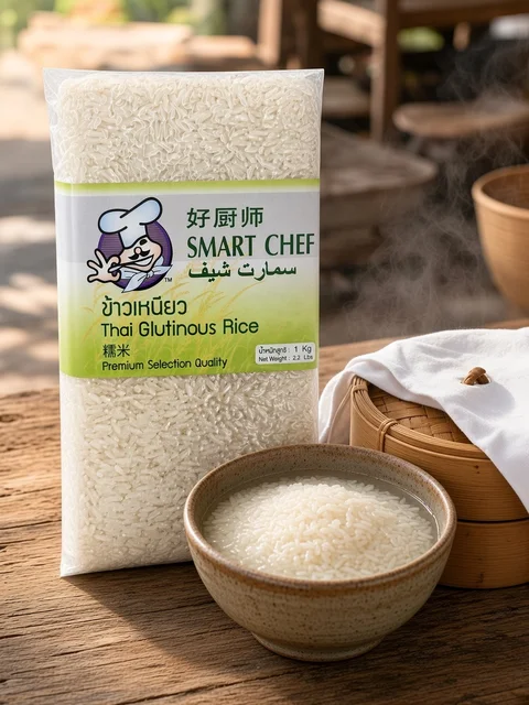 Smart Chef Thai Glutinous Rice pack with a bowl of soaking rice and a bamboo steamer