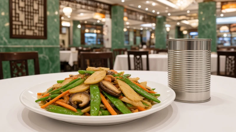 Vegetable stir-fry with bamboo shoots and a can of bamboo shoots