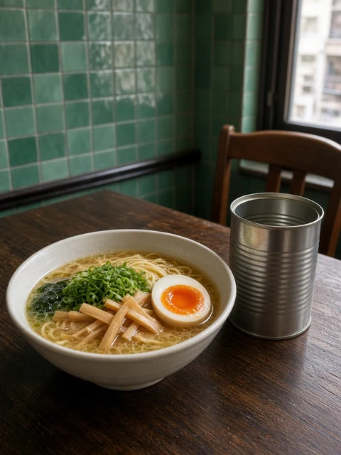 Ramen with bamboo shoots beside a can of bamboo shoots