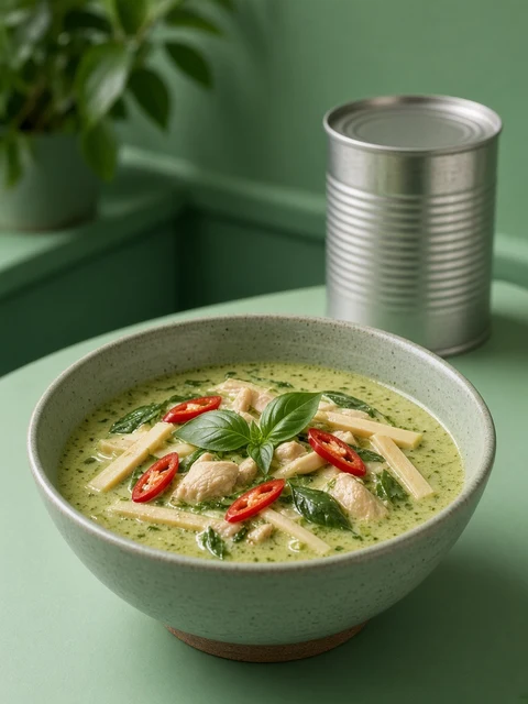 Green curry with bamboo shoots beside a can of bamboo shoots