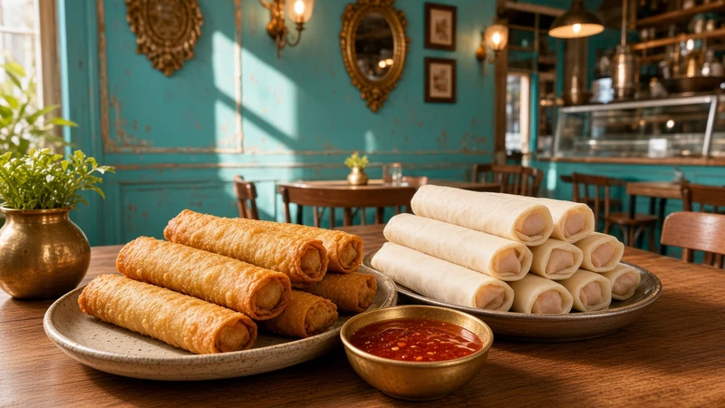 Fried spring rolls with sweet chilli dip and a pack of spring rolls