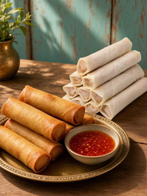 Fried spring rolls with sweet chilli dip beside a pack of spring rolls