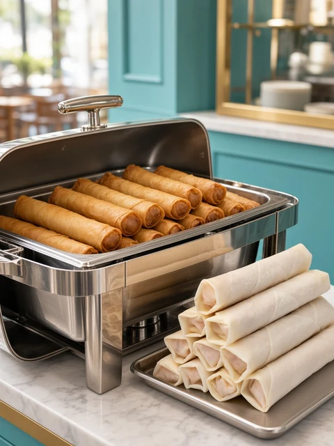 Buffet tray of spring rolls beside a pack of spring rolls