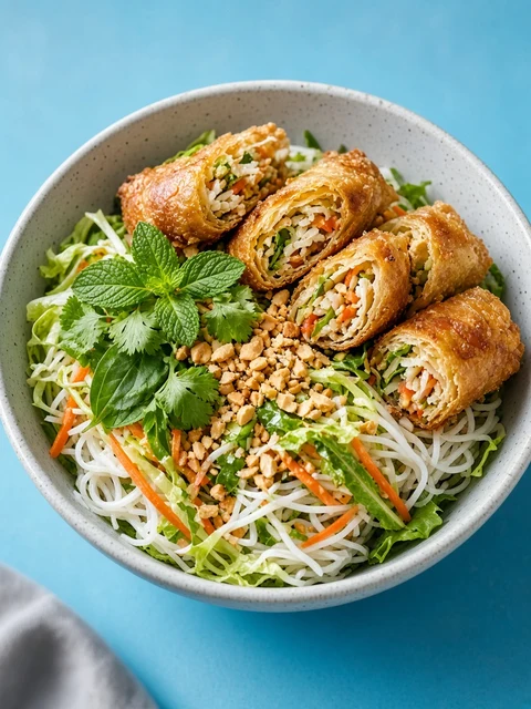 Noodle salad with sliced spring rolls