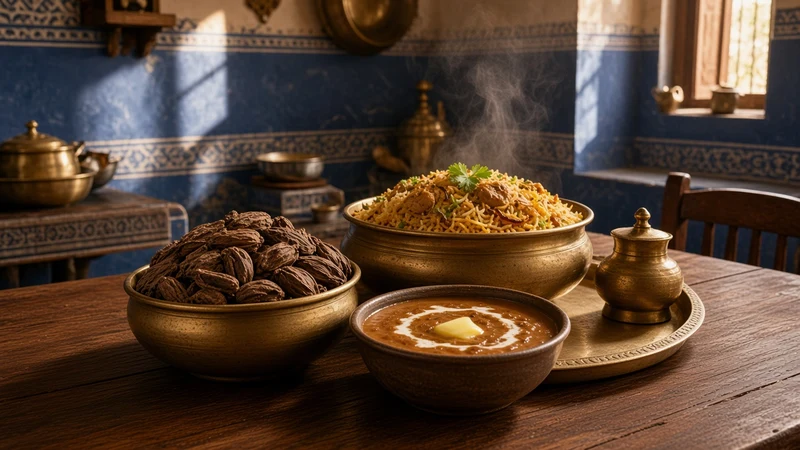 Chicken biryani in a brass handi with whole black cardamom and a bowl of Omega black cardamom