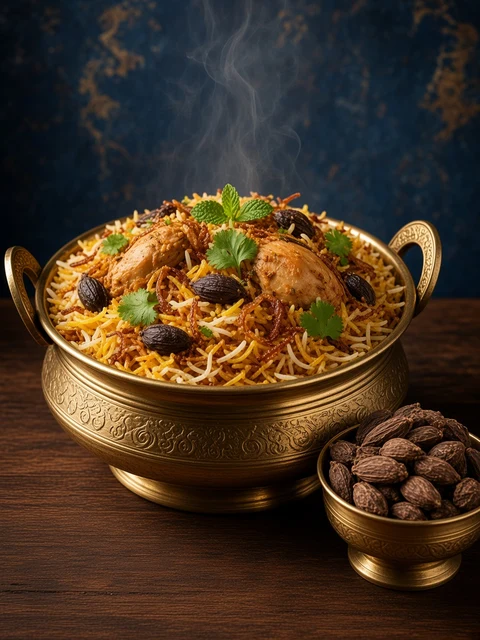 Chicken biryani in a brass handi with whole black cardamom beside a bowl of Omega black cardamom