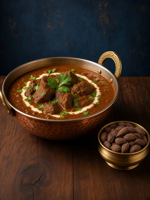 Lamb curry in a copper kadai beside a bowl of Omega black cardamom