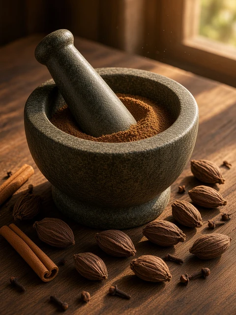Stone mortar with freshly ground spice blend