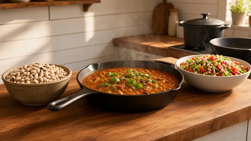 Black-eyed bean curry in a cast iron pan and a bowl of Omega black eye beans