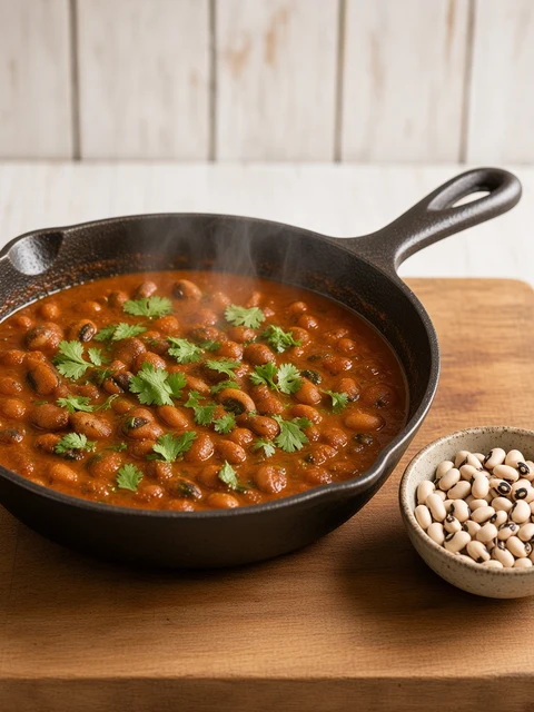 Black-eyed bean curry in a cast iron pan beside a bowl of Omega black eye beans
