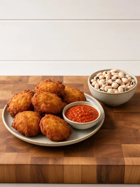 Golden bean fritters on a plate beside a bowl of Omega black eye beans