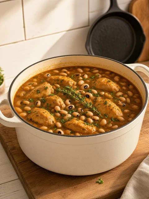 Chicken and black-eyed bean stew in a dutch oven