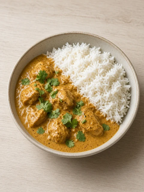 Bowl of chicken curry with rice