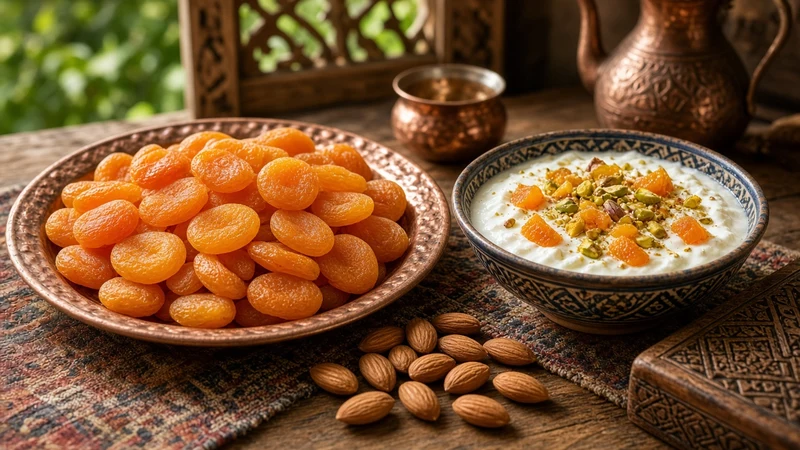 Chicken tagine with dried apricots and almonds and a heap of dried apricots