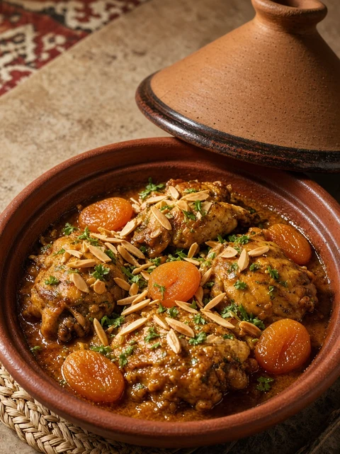 Chicken tagine with dried apricots and almonds